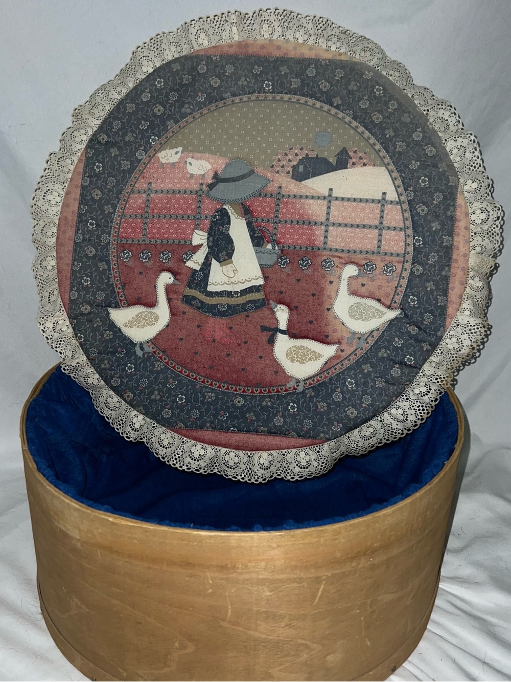 Handmade Round Storage Box with Blue Interior and Vintage Goose Design 16in